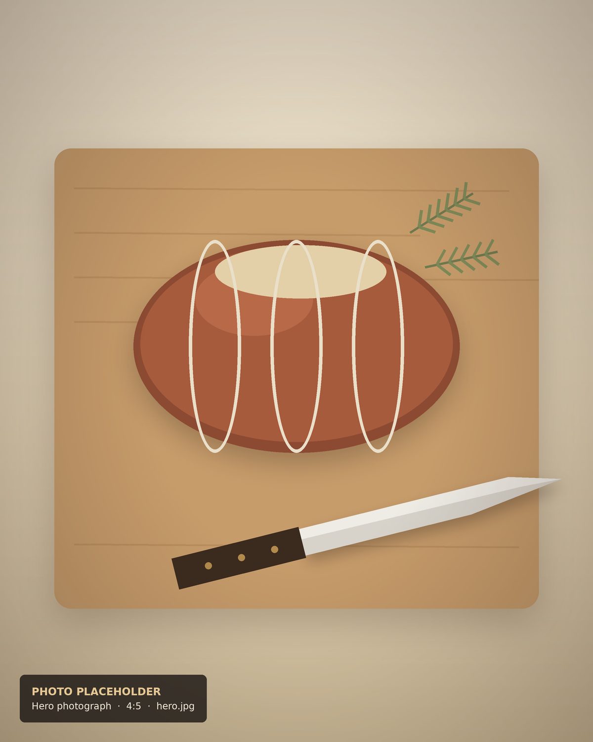 Placeholder for the hero photograph: a tied roasting joint on a wooden board beside a carving knife